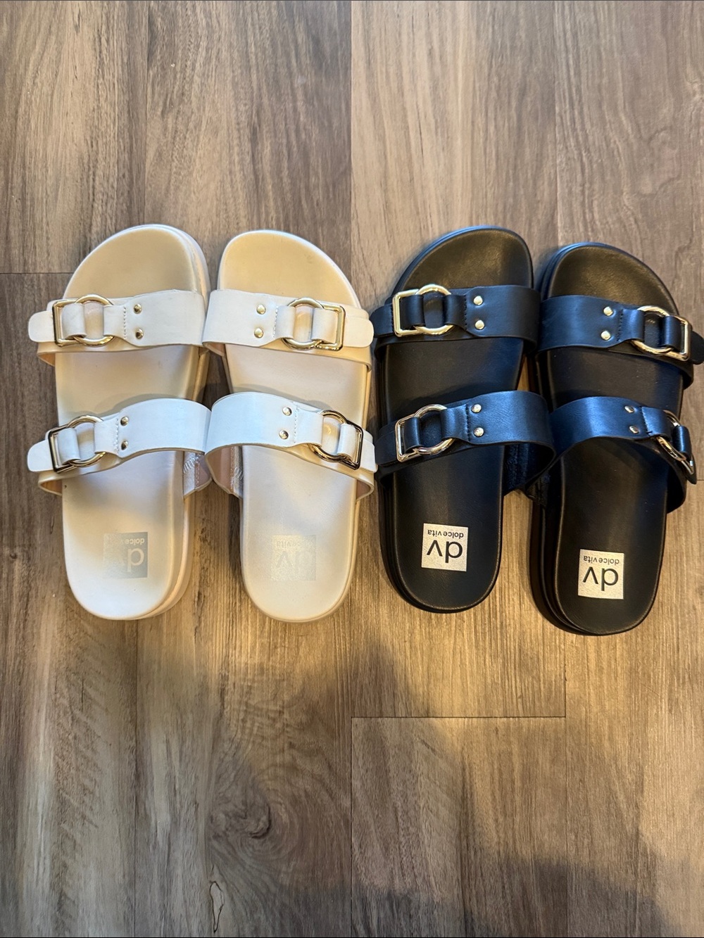 2 pairs of DV by Dolce Vita Kids Double Buckle Slide Sandals in Cream and Black